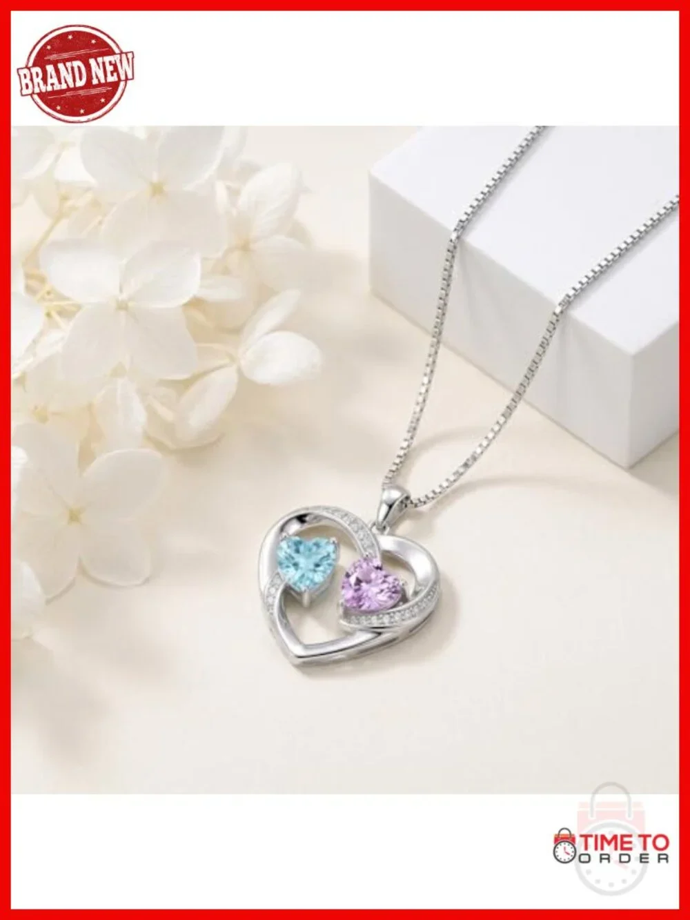 Double Heart Birthstone Pendant Necklace 18k White Gold Plated Adjustable Chain